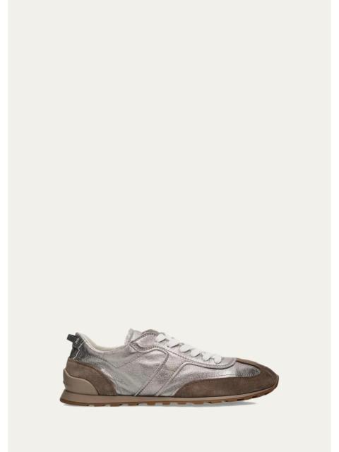 Brunello Cucinelli Monili Pull-Tab Crinkle-Effect Leather Low-Top Sneakers