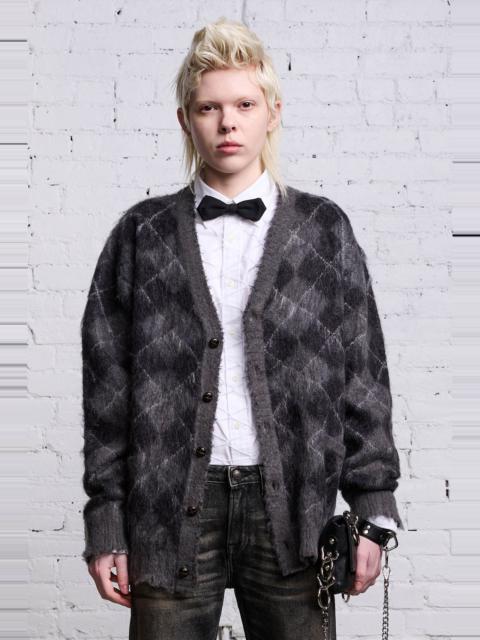 OVERSIZED DISTRESSED EDGE CARDIGAN - CHARCOAL/BLACK ARGYLE