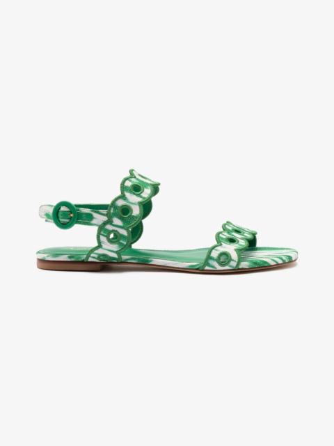Larroudé Florence Broderie Flat Sandal In Tie Dye Evergreen Raffia