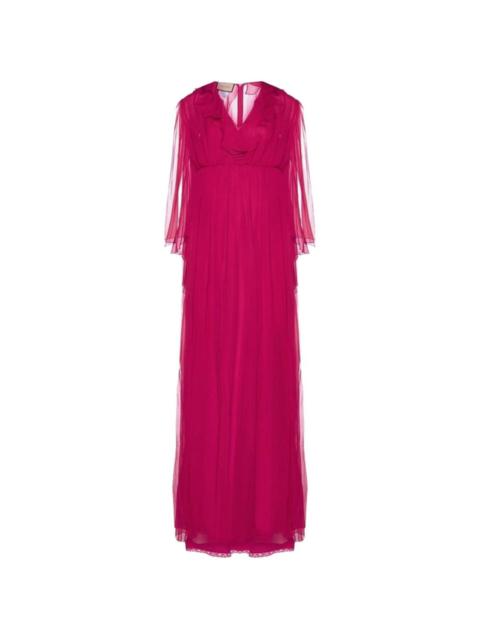 knee length dresses for ladies Long sleeve draped Crepe gown with slit – MARMAR HALIM FASHION DESIGN LLC main image 0