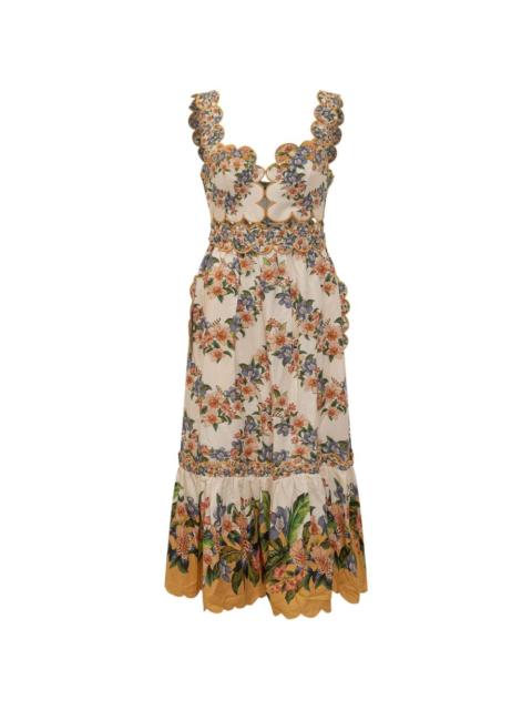 FARM RIO Sand Hilo floral scalloped midi dress