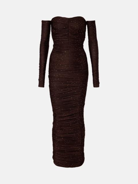 ALEX PERRY Ruched off-shoulder embellished jersey gown
