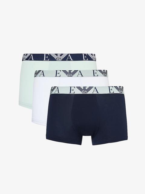 Branded-waistband pack of three stretch-cotton trunks