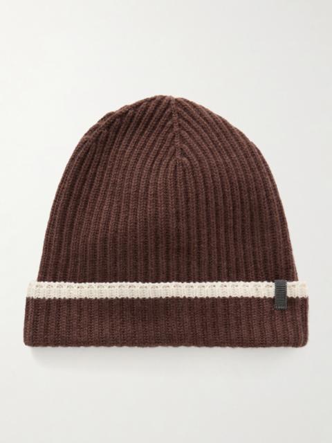 Brunello Cucinelli Embellished Striped Ribbed Cashmere Beanie