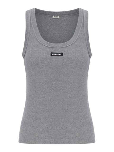 Miu Miu RIBBED TOP IN STRETCH JERSEY WITH LOGO PATCH