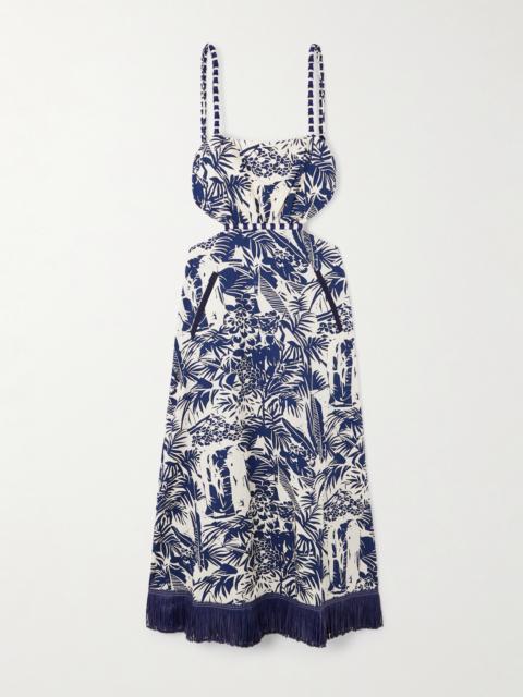 Johanna Ortiz Harmony Fringed Embellished Printed Cotton-poplin Midi Dress