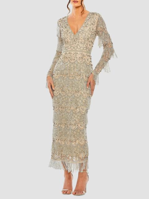 MAC DUGGAL Women's Fringe Crystal-Embellished Maxi Dress - Beige Silver
