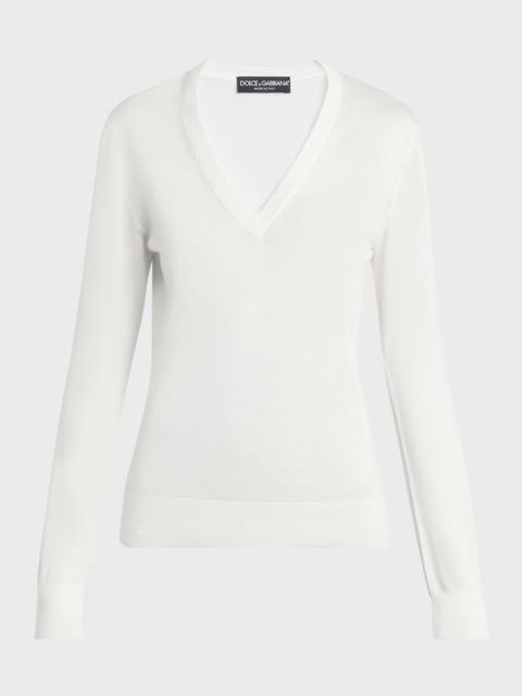 Cashmere-Silk V-Neck Long Sleeve Sweater