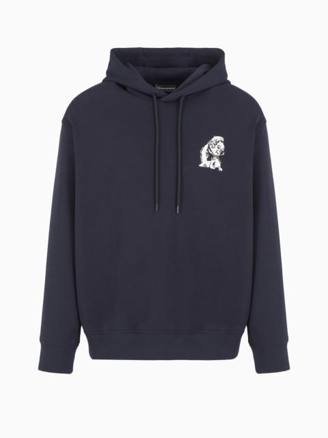 Double-jersey hooded sweatshirt with French bulldog embroidery