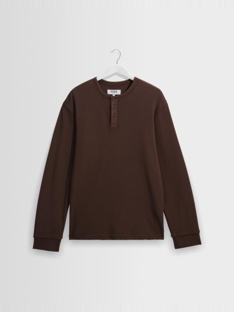 Wax London Caleb - Brown Waffle Cotton Henley Long-Sleeve T-Shirt