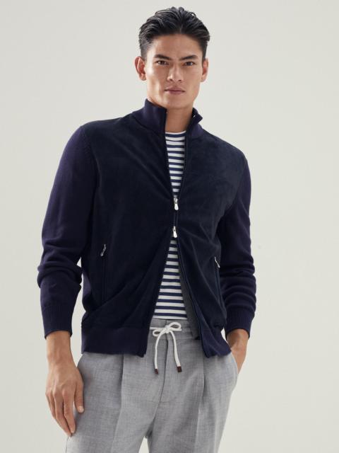 Lightweight suede and cotton knit outerwear jacket