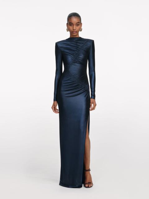 self-portrait Navy Metallic Gathered Maxi Dress