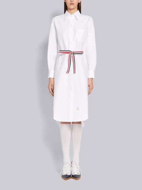 Thom Browne White Cotton Oxford Grosgrain Belt Long Sleeve Below the Knee Tonal 4-Bar Shirtdress