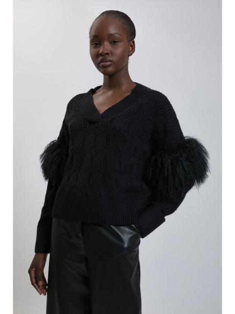 KAREN MILLEN Cable Knit Viscose Blend Shearling Detail Jumper