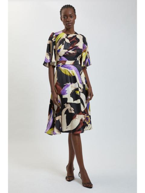 KAREN MILLEN Viscose Satin Crepe Printed Ruffle Detail Midi Dress