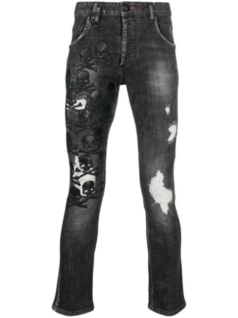 PHILIPP PLEIN Skull & Bones logo-embroidered ripped jeans