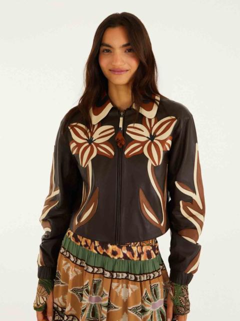 FARM RIO Brown Flower Cutwork Collared Leather Jacket