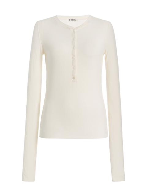 ÉTERNE Ribbed Jersey Henley Top ivory