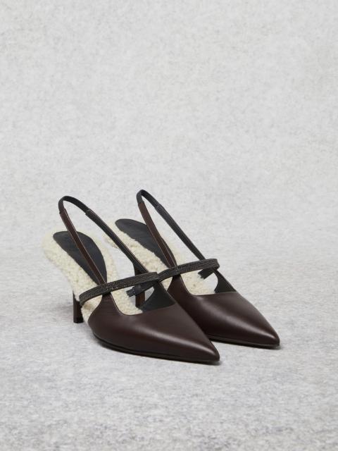 Brunello Cucinelli Soft nappa leather heels with shearling lining and precious strap