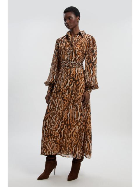 KAREN MILLEN Animal Print Georgette Belted Woven Shirt Dress