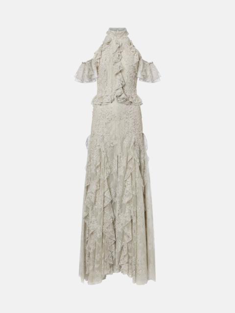 COSTARELLOS Rhodine embellished halterneck lace gown