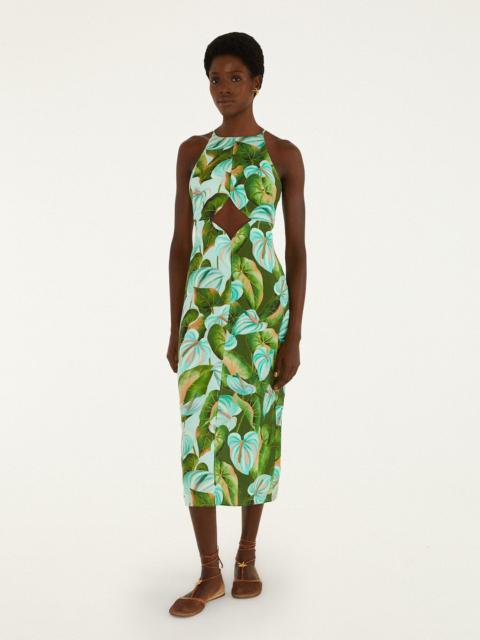 FARM RIO Green Anthurium Leaves Cut-Out Euroflax Premium Linen Midi Dress
