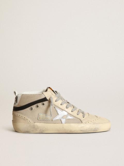 Golden Goose Mid Star LTD sneakers in cream-colored mesh with silver metallic leather star and black leather flas