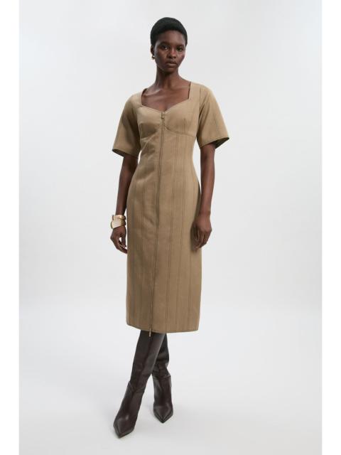KAREN MILLEN Tencel Cotton Contrast Stitch Zip Front Woven Midi Dress