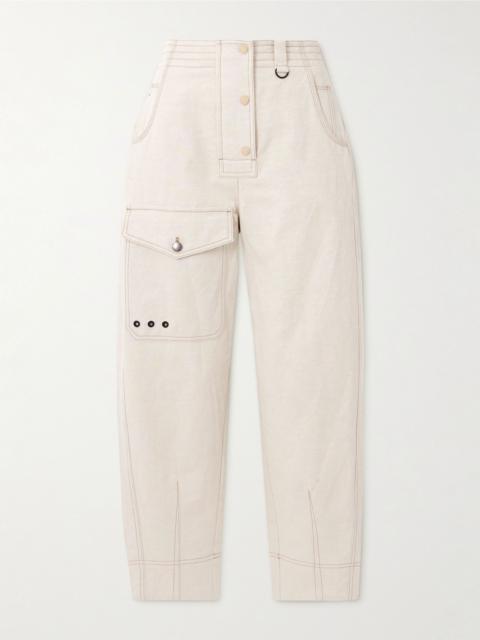 Moncler Grenoble Eyelet-embellished cotton and linen-blend canvas tapered cargo pants Beige