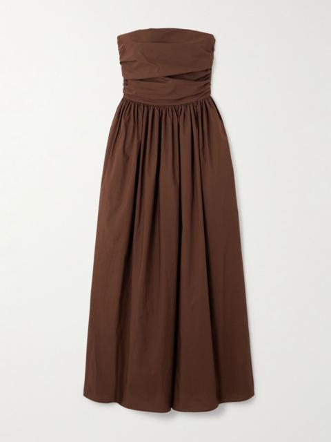 MATTEAU Strapless gathered organic cotton-poplin midi dress Chocolate