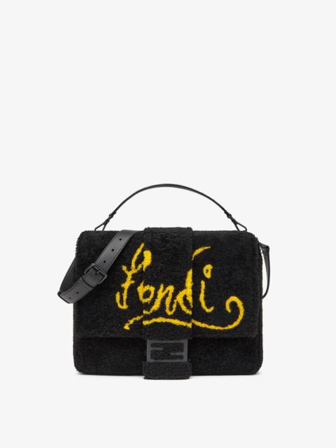 FENDI Black shearling bag with inlay