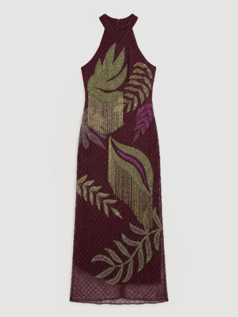 KAREN MILLEN Tropical Beaded Strappy Back Woven Halter Maxi Dress