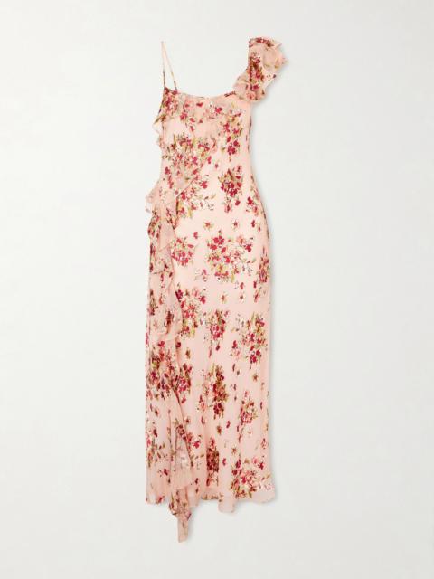 RIXO Asymmetric floral-print chiffon and dévoré-velvet maxi dress Pink
