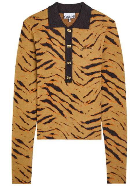 Ganni Tiger-jacquard Merino Wool Polo top