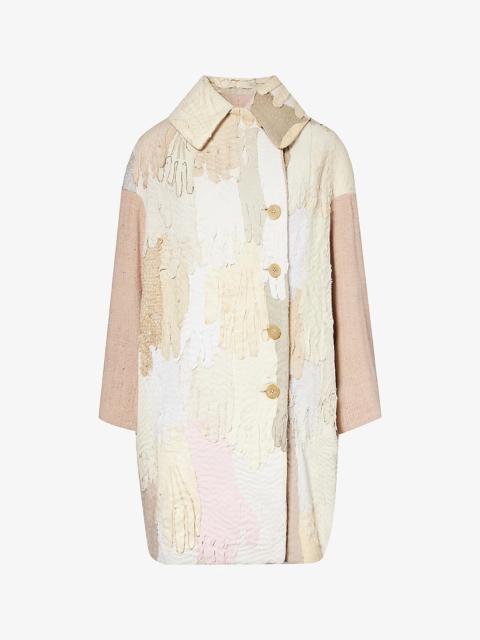 By Walid Cocoon patchwork-panel suede and linen-blend coat