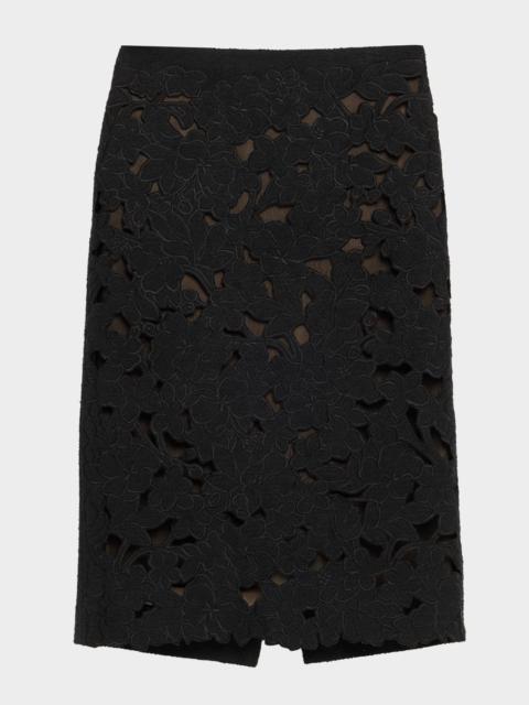 Oscar de la Renta Tweed Embroidered Cutout Midi Suiting Skirt