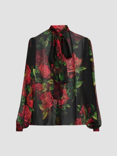 Dolce & Gabbana Women's Sheer Floral Silk Pussy-Bow Collar Blouse - Rose Rosse Nero