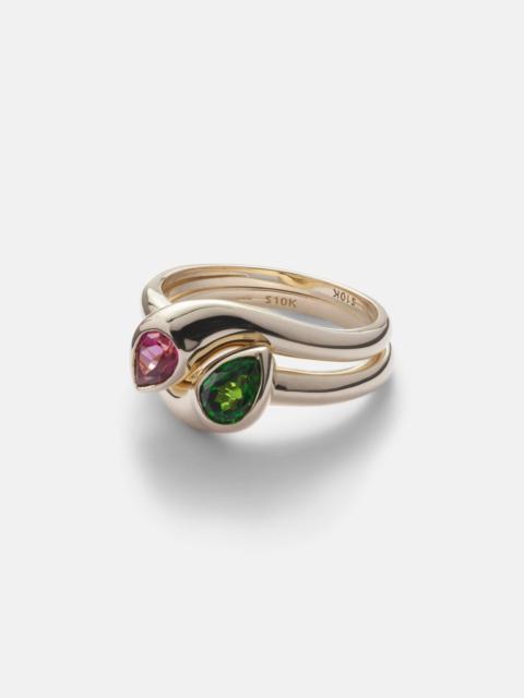 STONE AND STRAND Perfect Pair 10kt gold ring with chrome diopside and pink topaz
