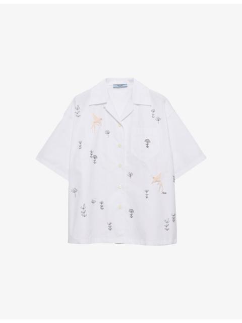Prada Embroidered Short-Sleeve Cotton Poplin Shirt