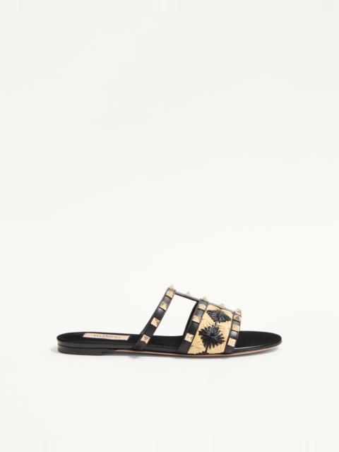 Valentino ROCKSTUD SLIDE SANDAL WITH RAFFIA CHECK EMBROIDERY
