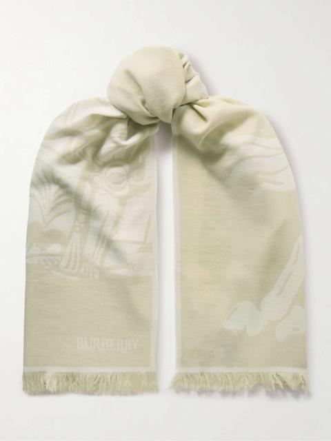 Frayed jacquard-knit wool and cotton-blend scarf
