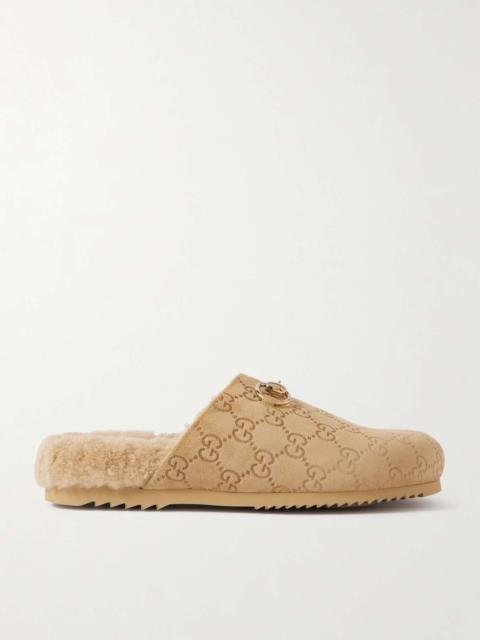 GUCCI Sol horsebit-detailed debossed shearling-trimmed suede slippers