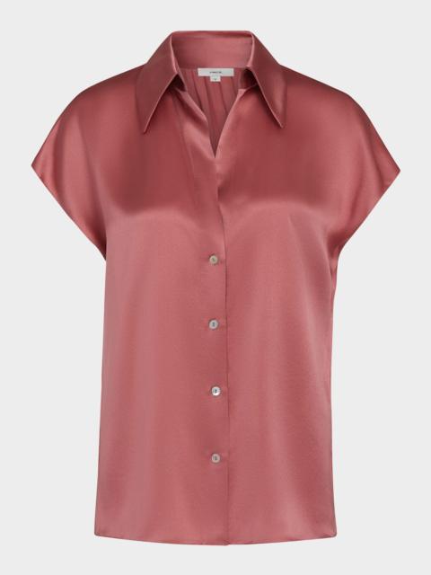 Vince Cap-Sleeve Ruched-Back Silk Blouse