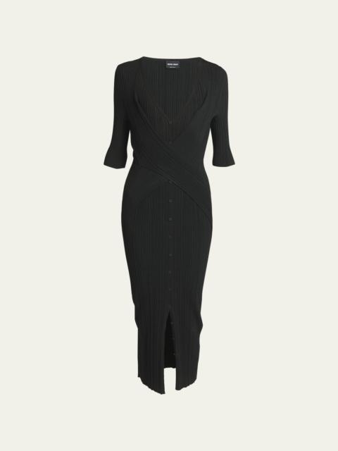 Button Front Ribbed Body-Con Midi Dress