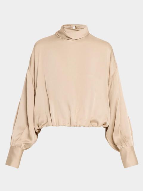 Brunello Cucinelli Fluid Silk Satin Long-Sleeve Bubble Blouse
