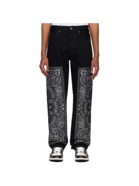 AMIRI Black Bandana Jacquard Paneled Straight Jeans