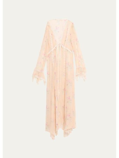 LoveShackFancy Mariven Lace-Trim Floral Silk Duster Cardigan