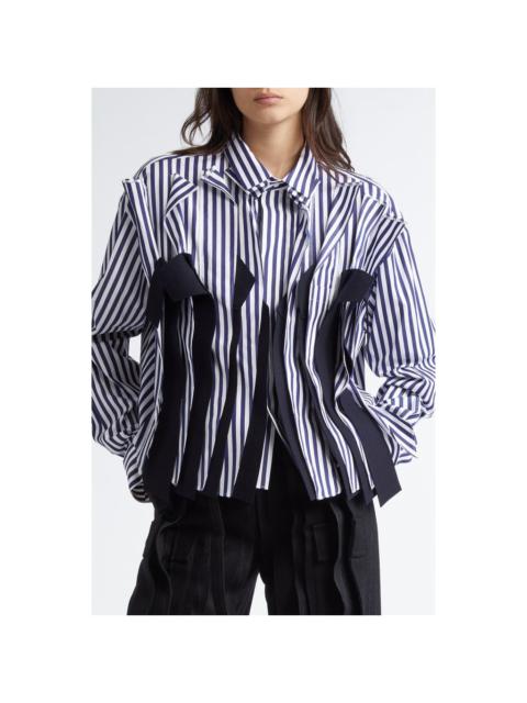 Sacai Stripe Melton Wool Detail Poplin Button-Up Shirt in Navy Striped/Navy at Nordstrom