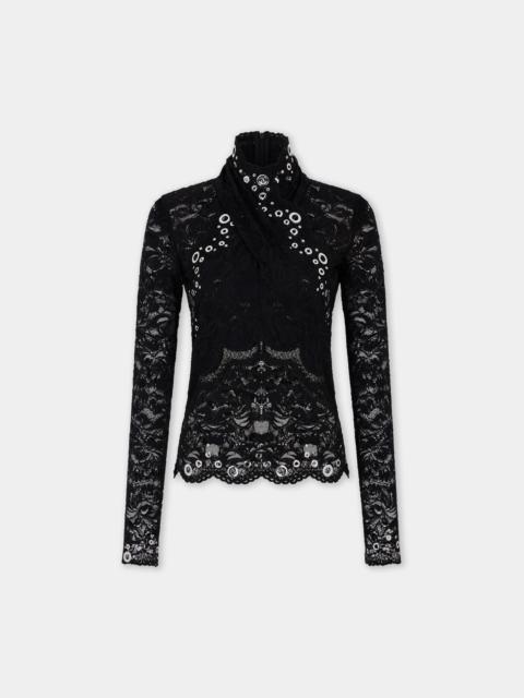 rabanne LONG SLEEVE TOP IN BLACK LAYERED LACE WITH SILVER EYELETS DETAILS