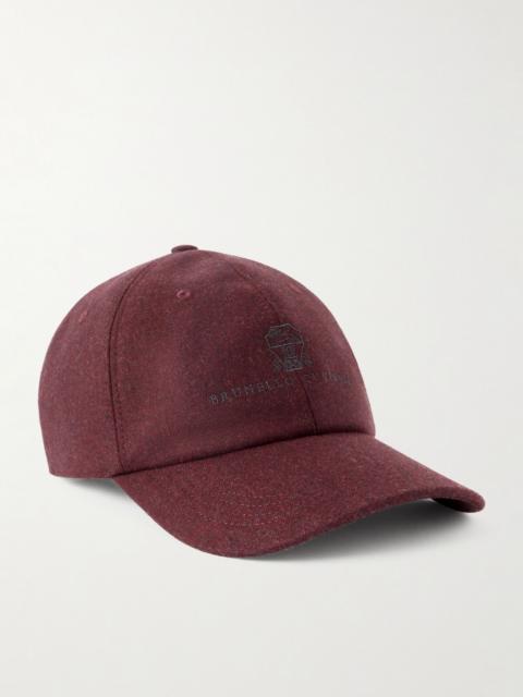 Brunello Cucinelli Logo-Embroidered Leather-Trimmed Wool-Flannel Baseball Cap Burgundy